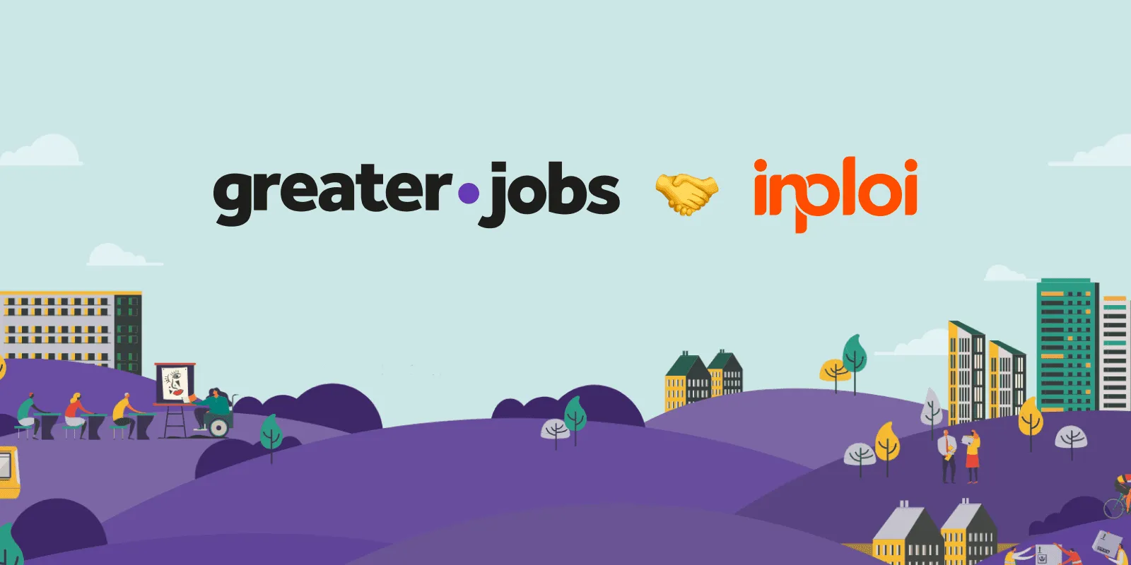 The greater.jobs and inploi logos joined by a handshake, above an illustrated town on purple hills.