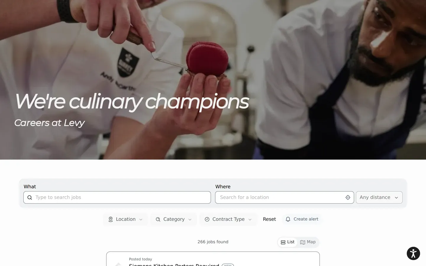 Levy's careers site within Compass: We're culinary champions over a kitchen photograph, then a What and Where job search with location, category and contract options