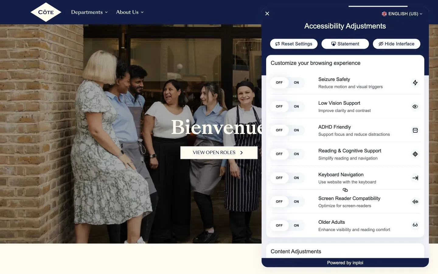 The accessibility adjustments panel open on Côte's careers site