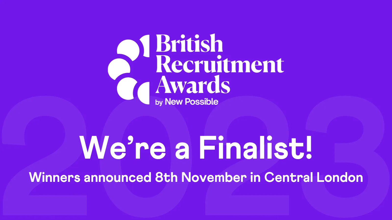 The British Recruitment Awards 2023 logo with the words We’re a Finalist on a purple background.