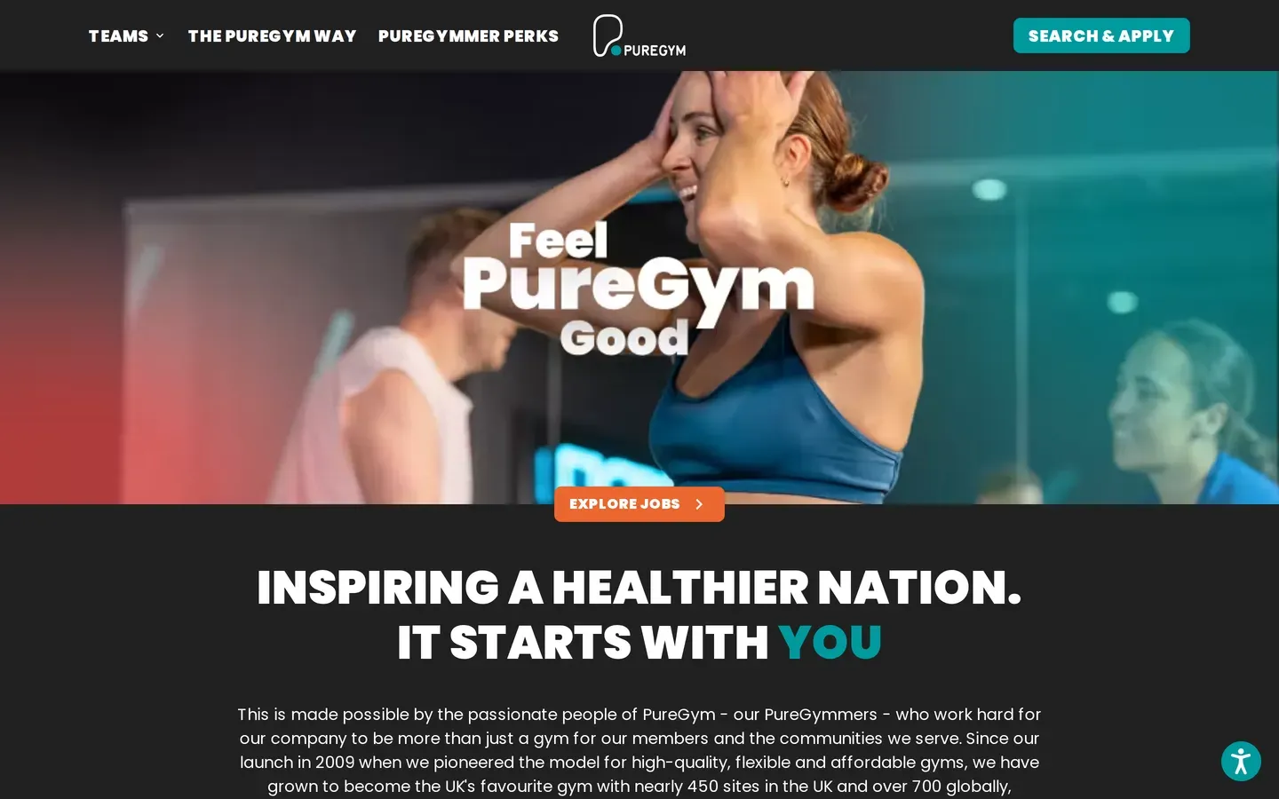 PureGym's public careers site, its home page